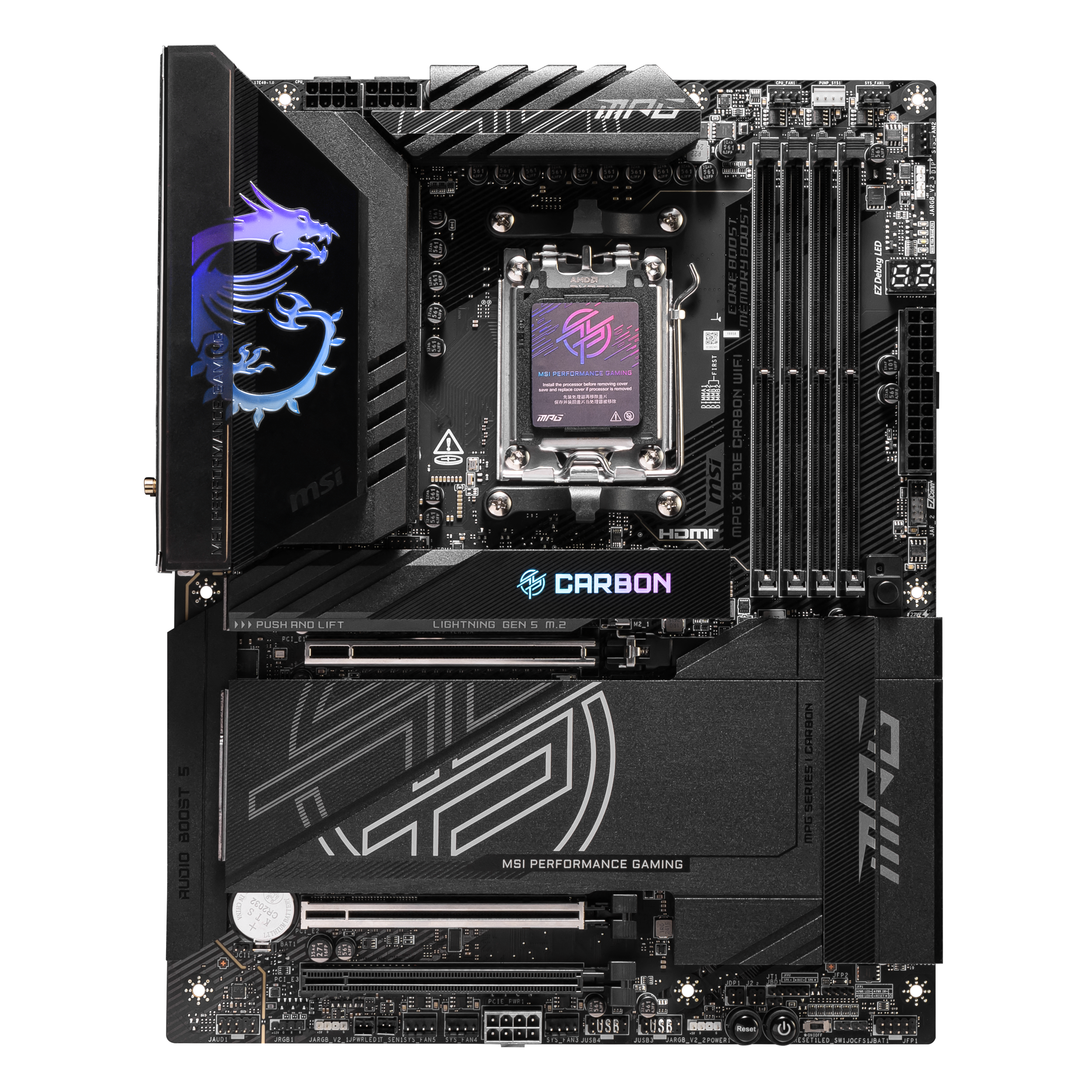 A large main feature product image of EX-DEMO MSI MPG X870E Carbon WiFi AM5 ATX Desktop Motherboard