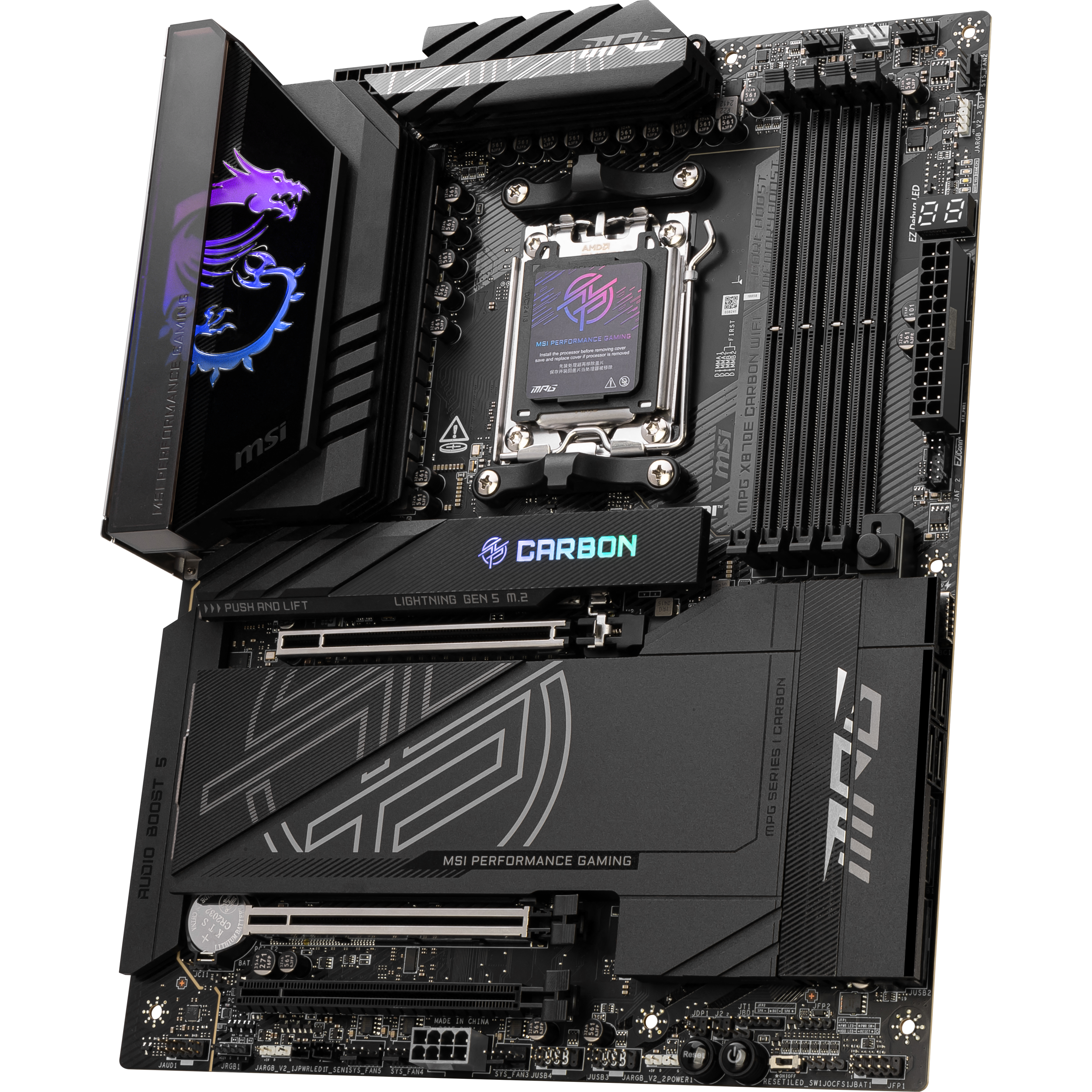 A large main feature product image of EX-DEMO MSI MPG X870E Carbon WiFi AM5 ATX Desktop Motherboard