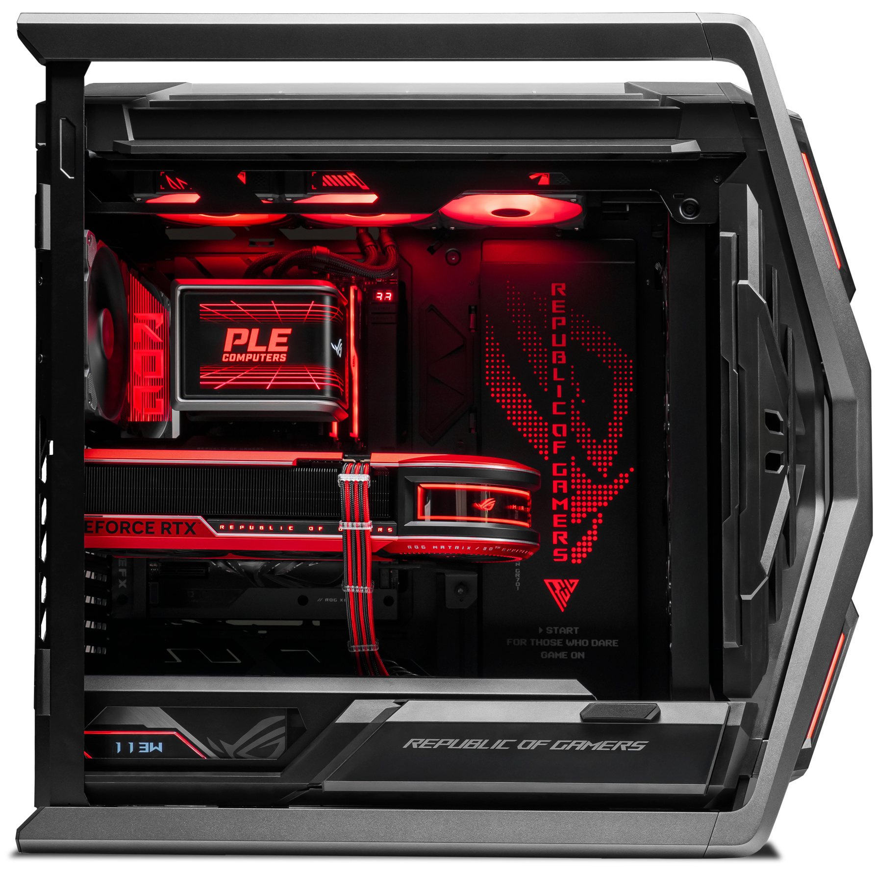 A large main feature product image of PLE ROG Matrix RTX 5090 Prebuilt Ready To Go Gaming PC