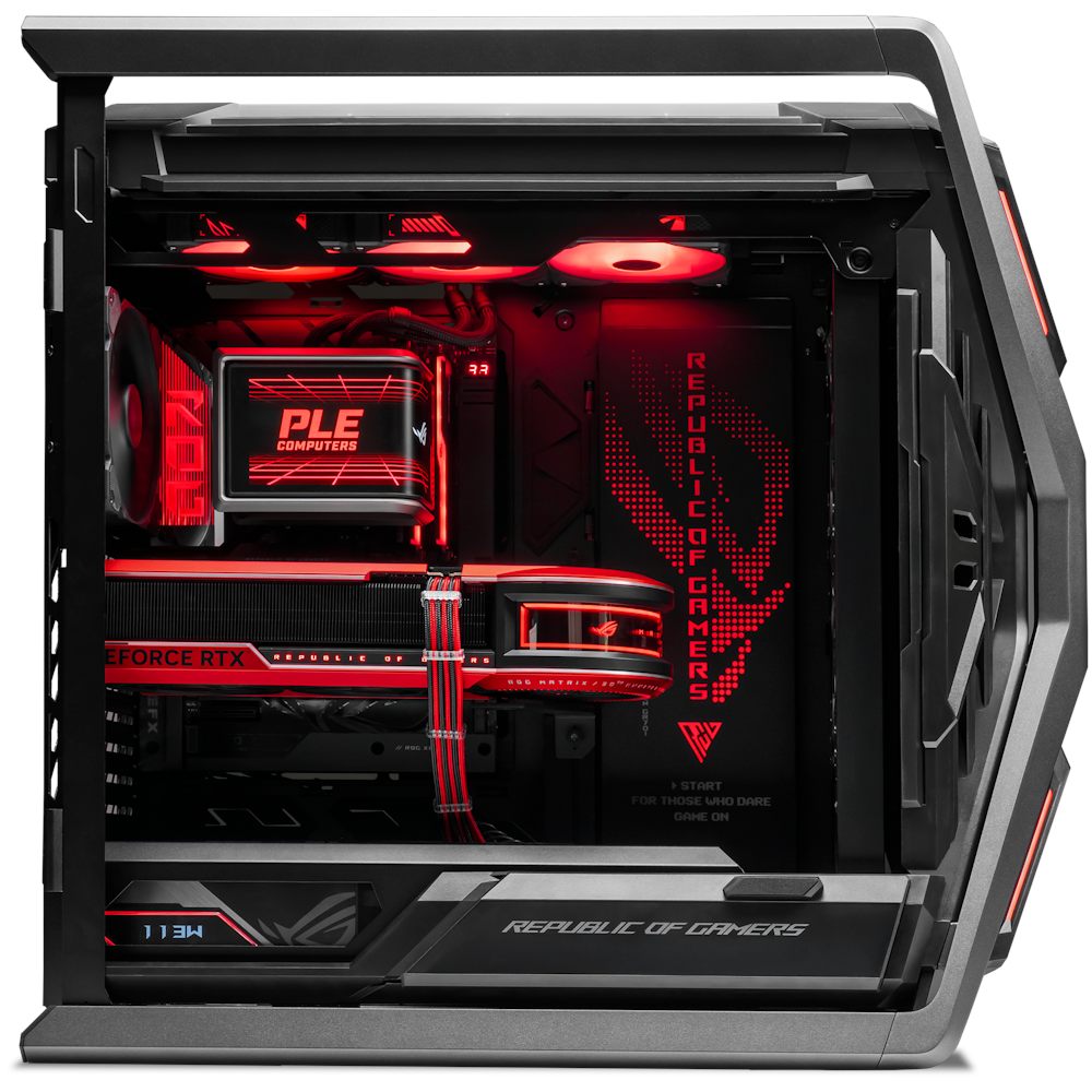 A large main feature product image of PLE ROG Matrix RTX 5090 Prebuilt Ready To Go Gaming PC