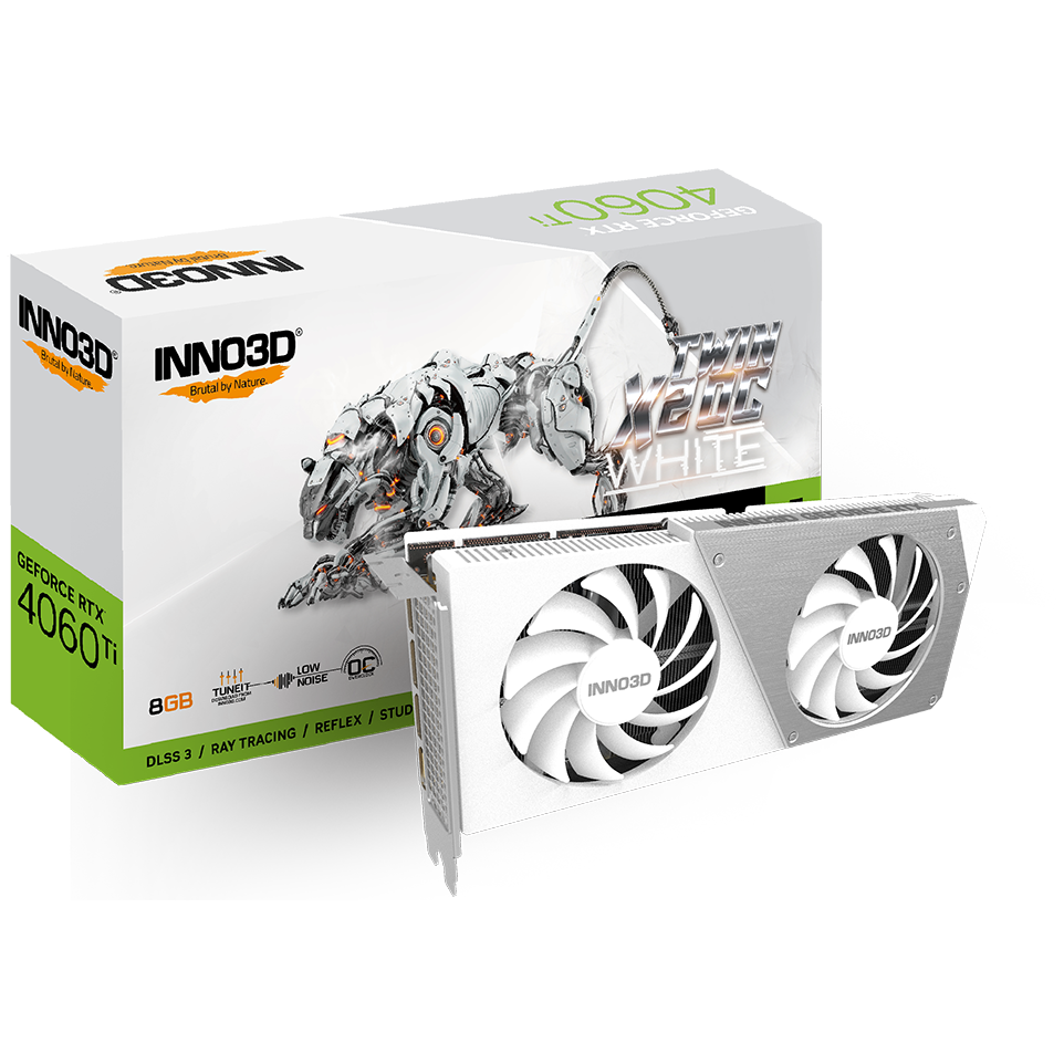 A large main feature product image of INNO3D GeForce RTX 4060 Ti Twin X2 OC 8GB GDDR6 - White