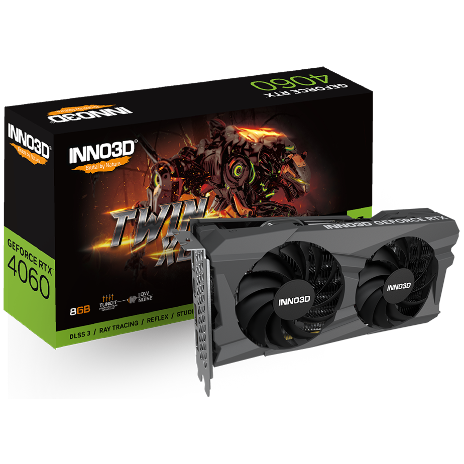 A large main feature product image of INNO3D GeForce RTX 4060 Twin X2 V2 8GB GDDR6