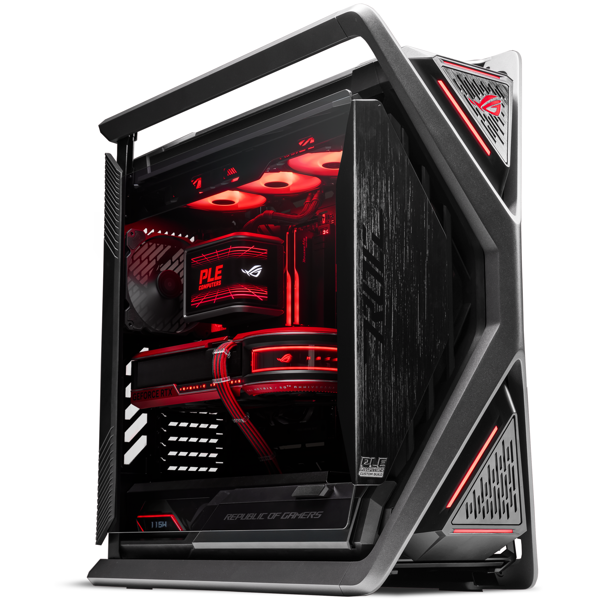 A large main feature product image of PLE ROG Matrix RTX 5090 Prebuilt Ready To Go Gaming PC