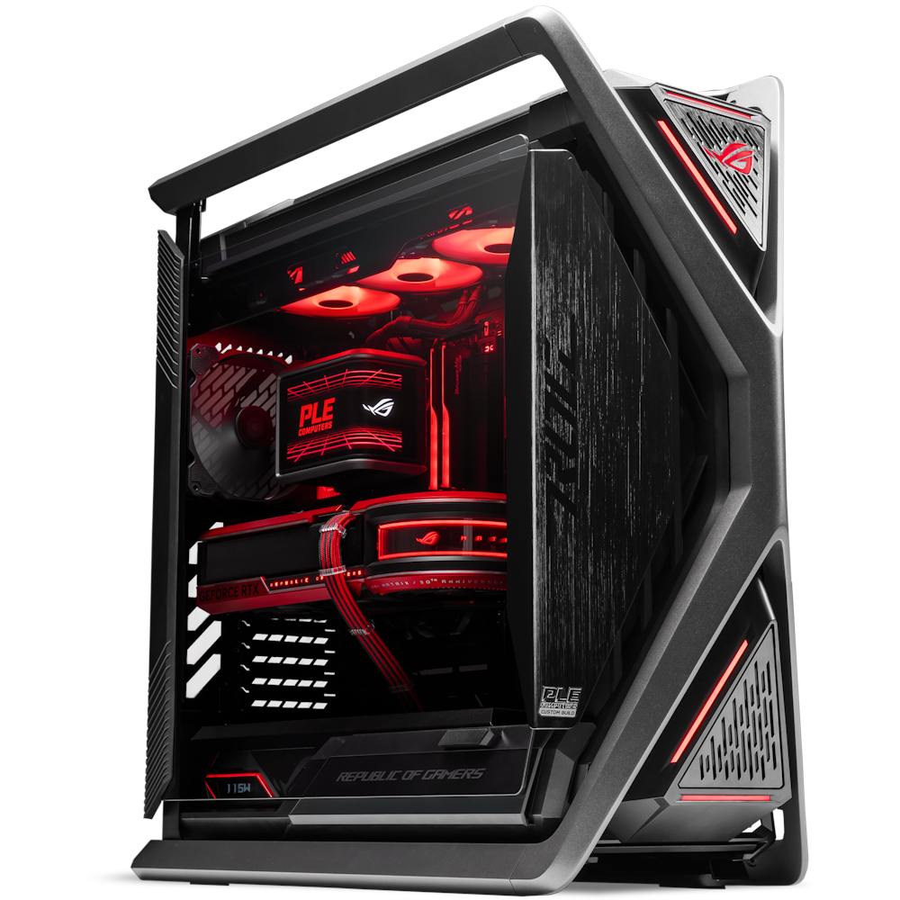 A large main feature product image of PLE ROG Matrix RTX 5090 Prebuilt Ready To Go Gaming PC