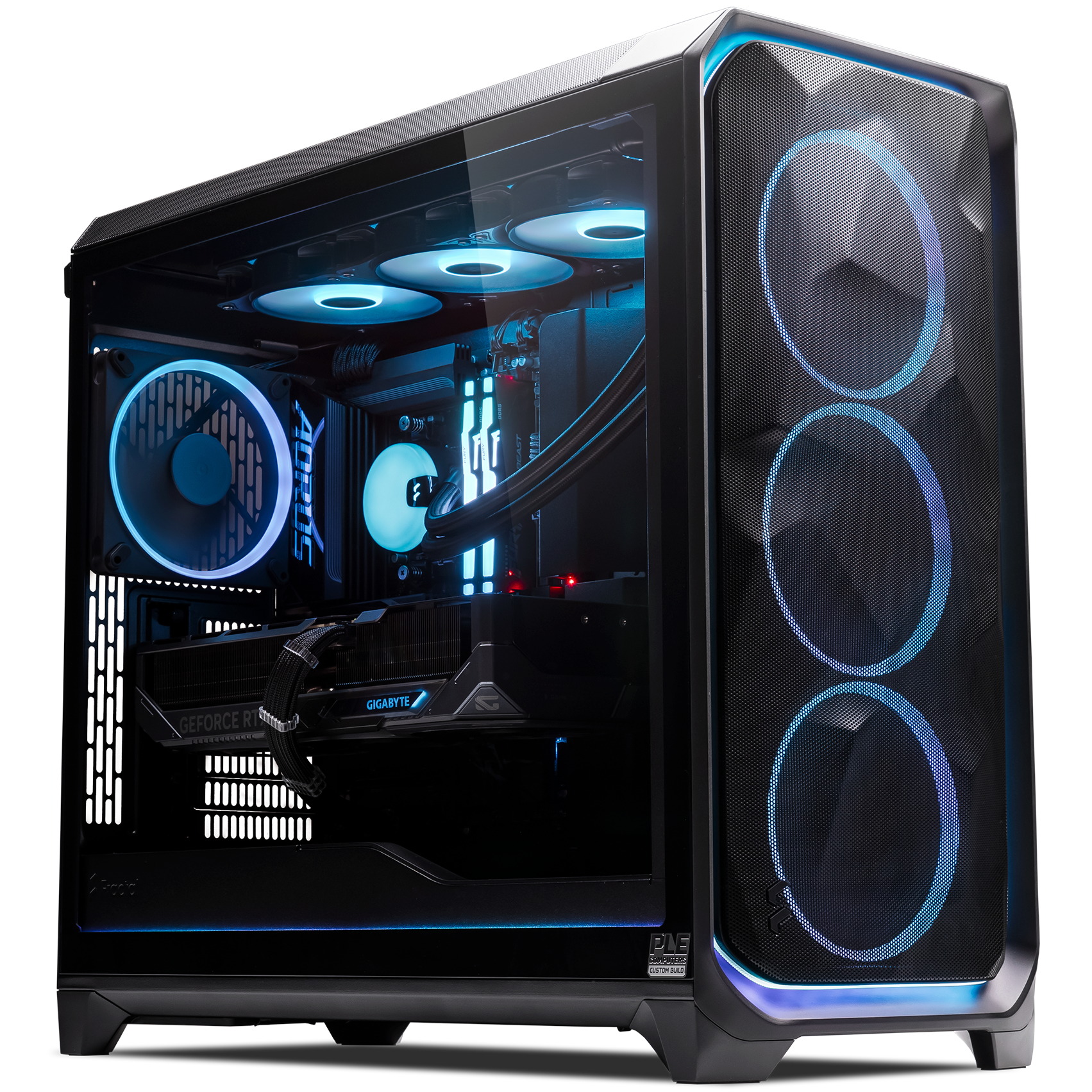 A large main feature product image of PLE Meshify RTX 5090 Prebuilt Ready To Go Gaming PC