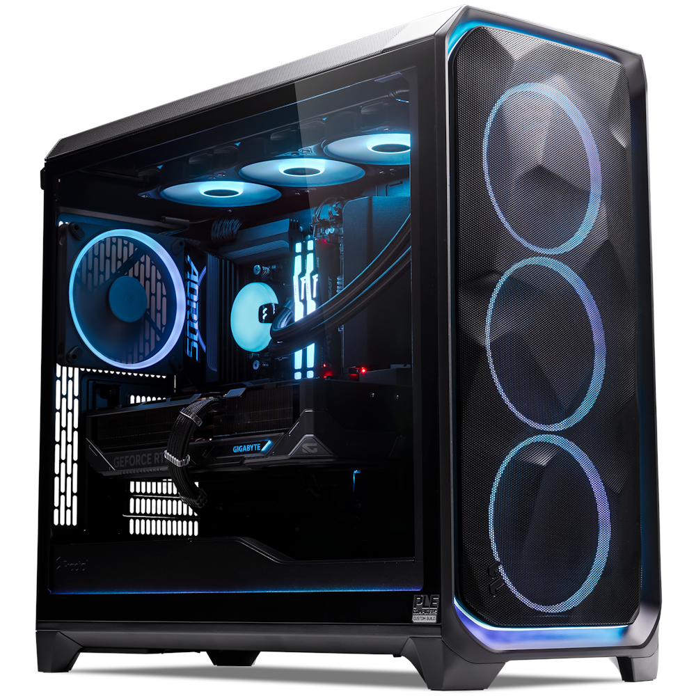 A large main feature product image of PLE Meshify RTX 5090 Prebuilt Ready To Go Gaming PC