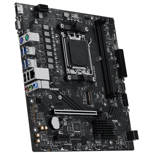 A large main feature product image of MSI PRO A620AM-B EVO AM5 mATX Desktop Motherboard