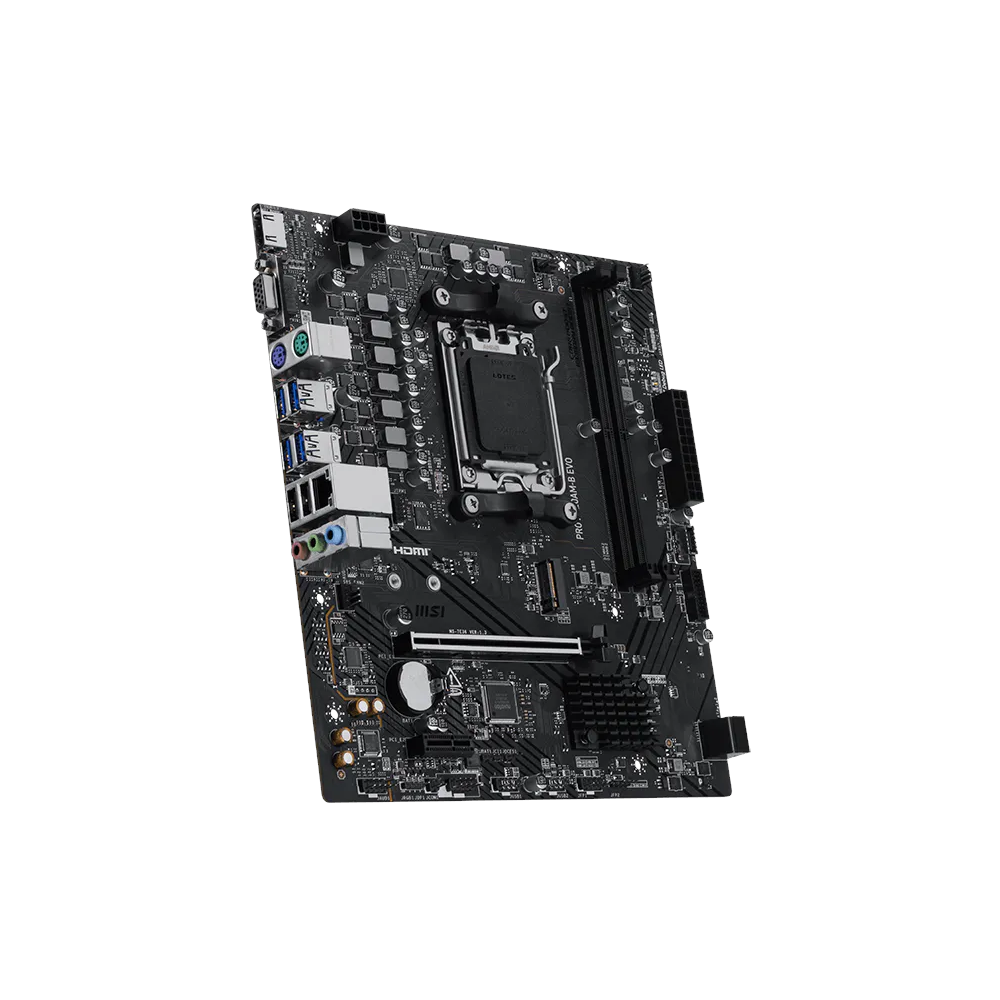 A large main feature product image of MSI PRO A620AM-B EVO AM5 mATX Desktop Motherboard