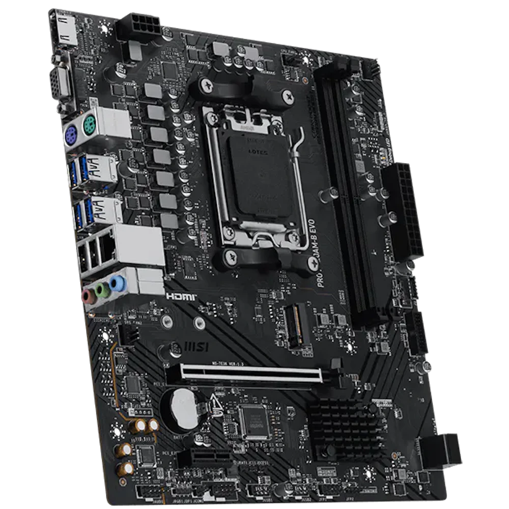 A large main feature product image of MSI PRO A620AM-B EVO AM5 mATX Desktop Motherboard