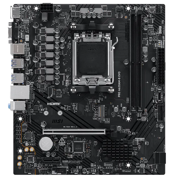 A large main feature product image of MSI PRO A620AM-B EVO AM5 mATX Desktop Motherboard