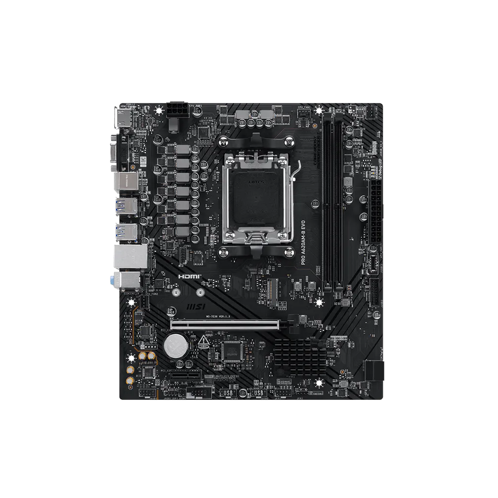 A large main feature product image of MSI PRO A620AM-B EVO AM5 mATX Desktop Motherboard