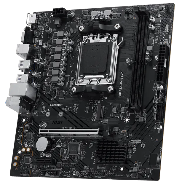 A large main feature product image of MSI PRO A620AM-B EVO AM5 mATX Desktop Motherboard