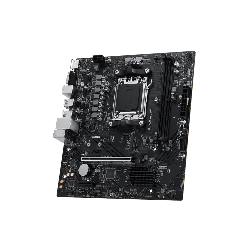 A large main feature product image of MSI PRO A620AM-B EVO AM5 mATX Desktop Motherboard