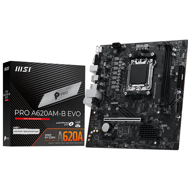 A large main feature product image of MSI PRO A620AM-B EVO AM5 mATX Desktop Motherboard