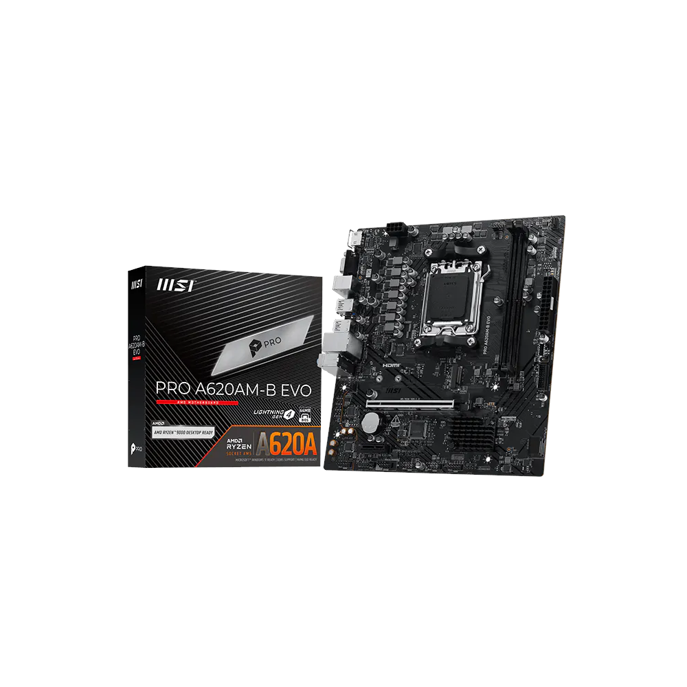 A large main feature product image of MSI PRO A620AM-B EVO AM5 mATX Desktop Motherboard