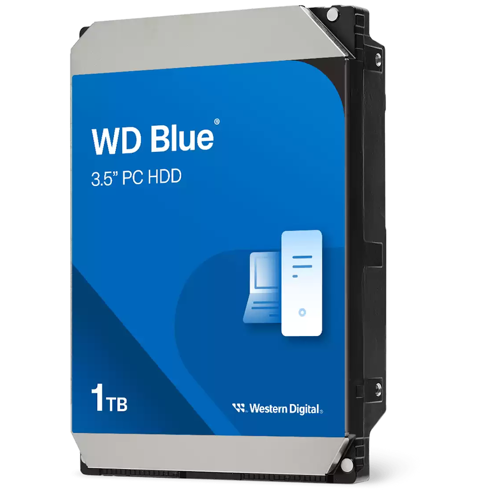 A large main feature product image of WD Blue 3.5" Desktop HDD - 1TB 64MB