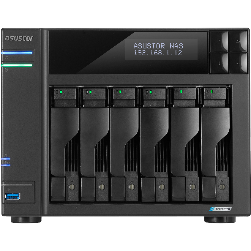 A large main feature product image of EX-DEMO Asustor Lockerstor 6 Gen2 Tower 6-Bay NAS - 2.0GHz Quad-Core, 8GB RAM, Dual 2.5GbE