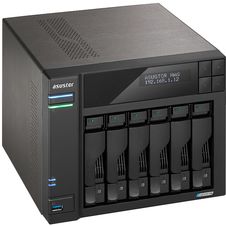 A large main feature product image of EX-DEMO Asustor Lockerstor 6 Gen2 Tower 6-Bay NAS - 2.0GHz Quad-Core, 8GB RAM, Dual 2.5GbE