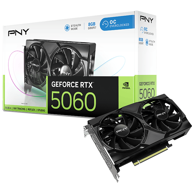 A large main feature product image of PNY GeForce RTX 5060 Dual Fan OC 8GB GDDR7