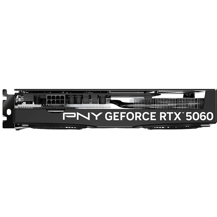 A large main feature product image of PNY GeForce RTX 5060 Dual Fan OC 8GB GDDR7