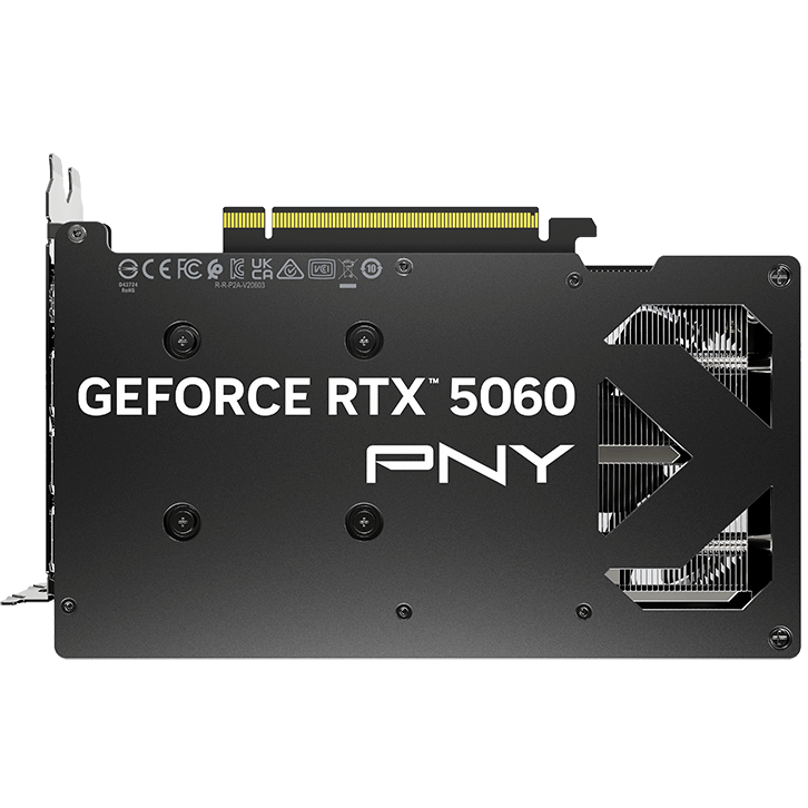 A large main feature product image of PNY GeForce RTX 5060 Dual Fan OC 8GB GDDR7