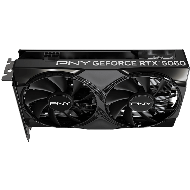 A large main feature product image of PNY GeForce RTX 5060 Dual Fan OC 8GB GDDR7