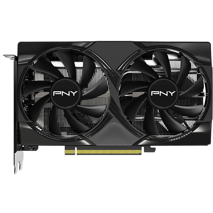 A large main feature product image of PNY GeForce RTX 5060 Dual Fan OC 8GB GDDR7