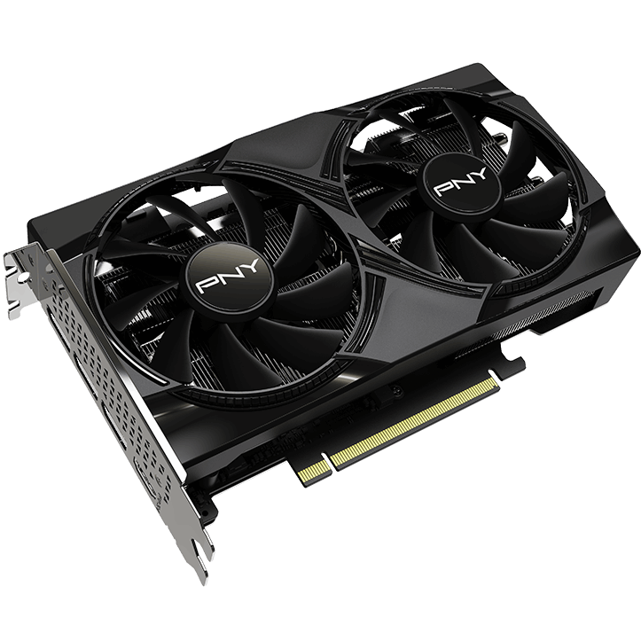 A large main feature product image of PNY GeForce RTX 5060 Dual Fan OC 8GB GDDR7