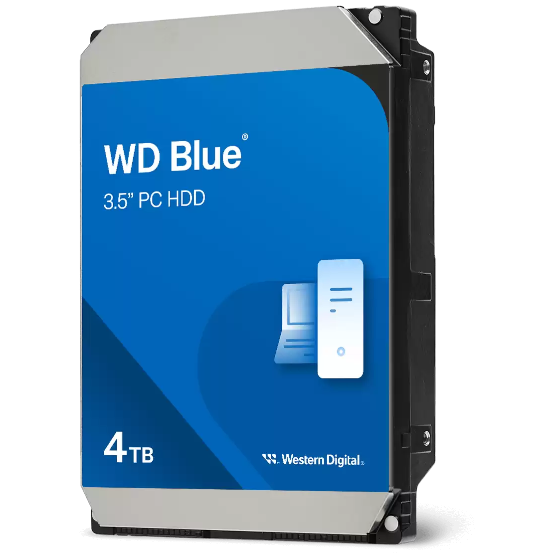 A large main feature product image of WD Blue 3.5" Desktop HDD - 4TB 128MB
