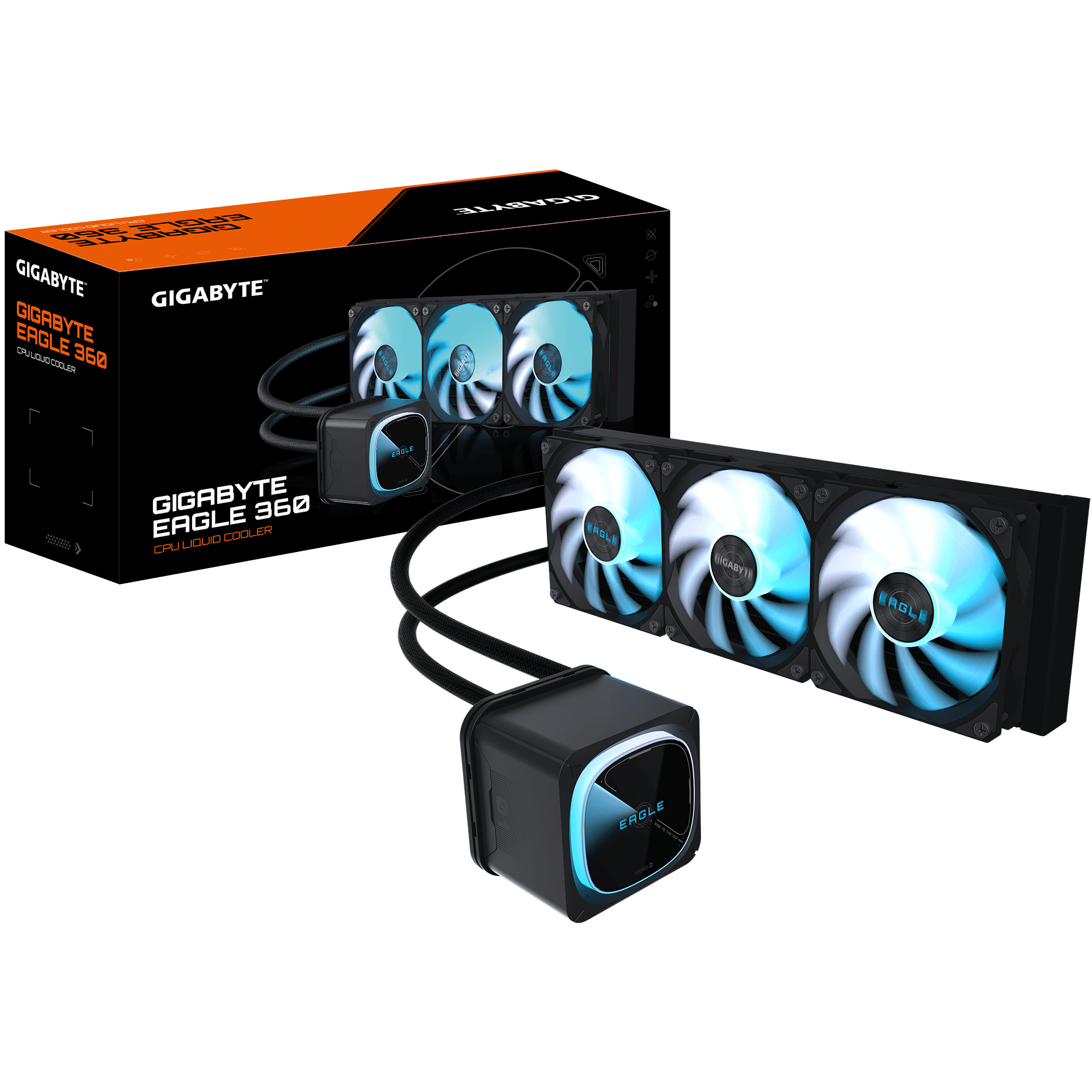 A large main feature product image of Gigabyte Eagle  360 360mm AIO Liquid CPU Cooler 