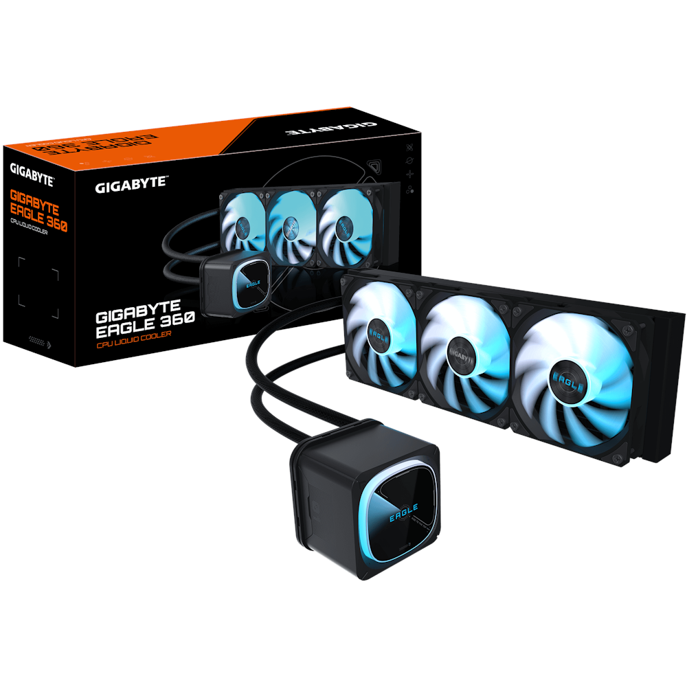 A large main feature product image of Gigabyte Eagle 360 360mm AIO Liquid CPU Cooler