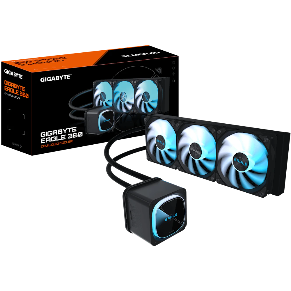 A large main feature product image of Gigabyte Eagle 360 360mm AIO Liquid CPU Cooler