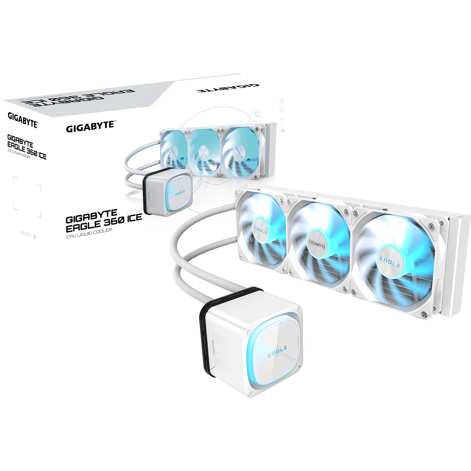 A large main feature product image of Gigabyte Eagle 360I 360mm AIO Liquid CPU Cooler (White)