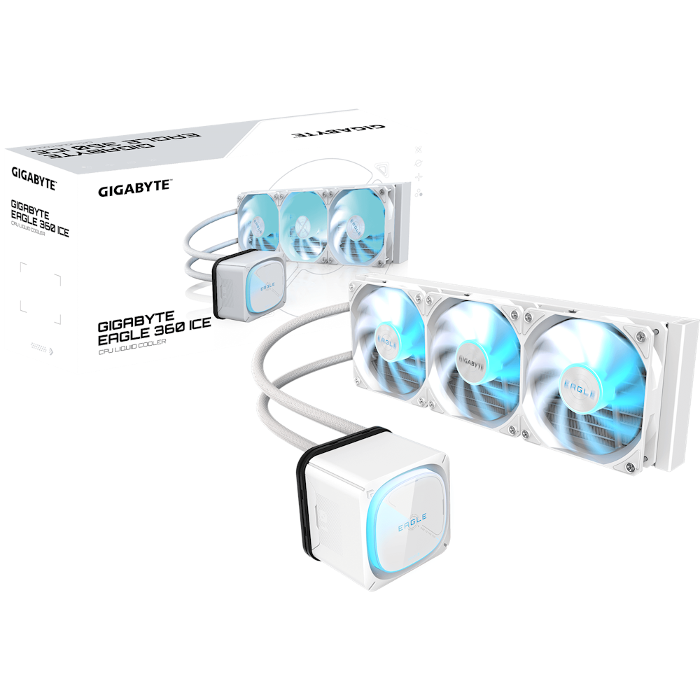 A large main feature product image of Gigabyte Eagle 360I 360mm AIO Liquid CPU Cooler (White)
