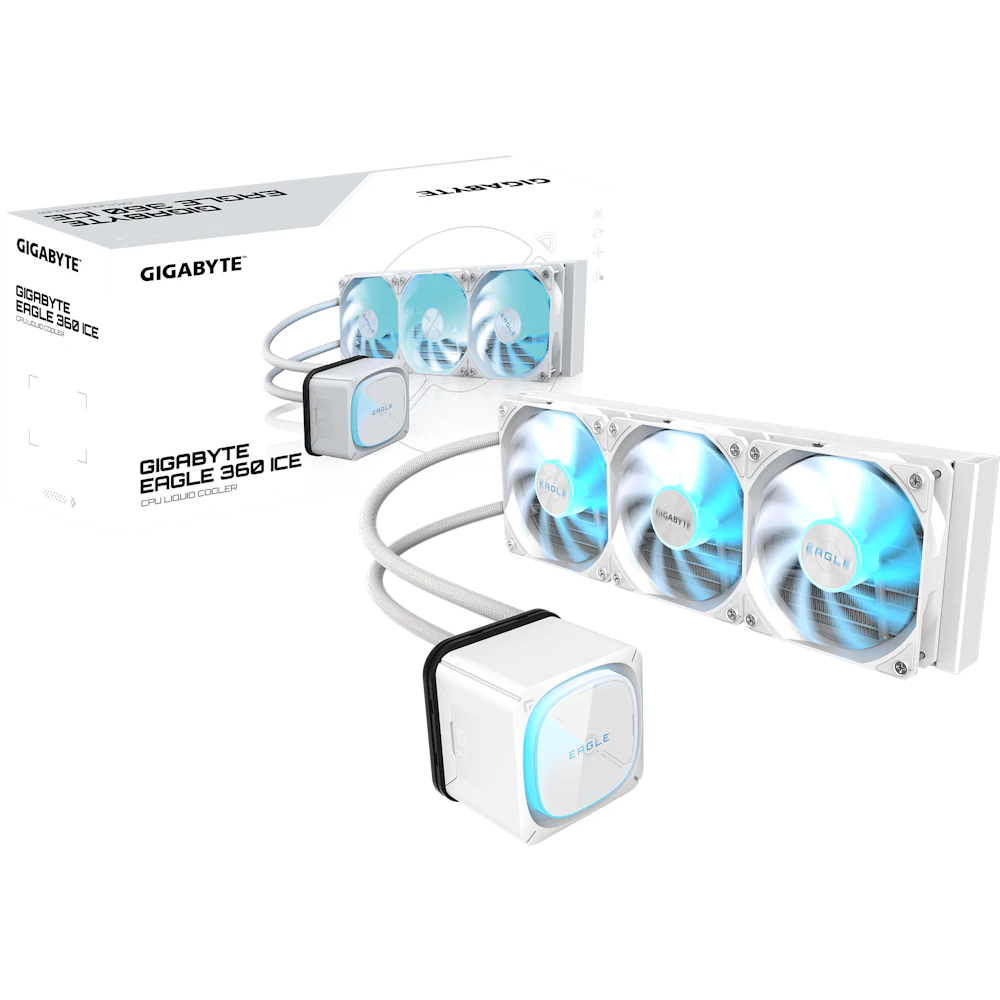 A large main feature product image of Gigabyte Eagle 360I 360mm AIO Liquid CPU Cooler (White)