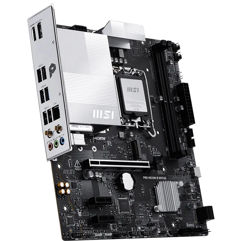 A large main feature product image of MSI PRO H810M‑B WiFi6E LGA1851 mATX Desktop Motherboard