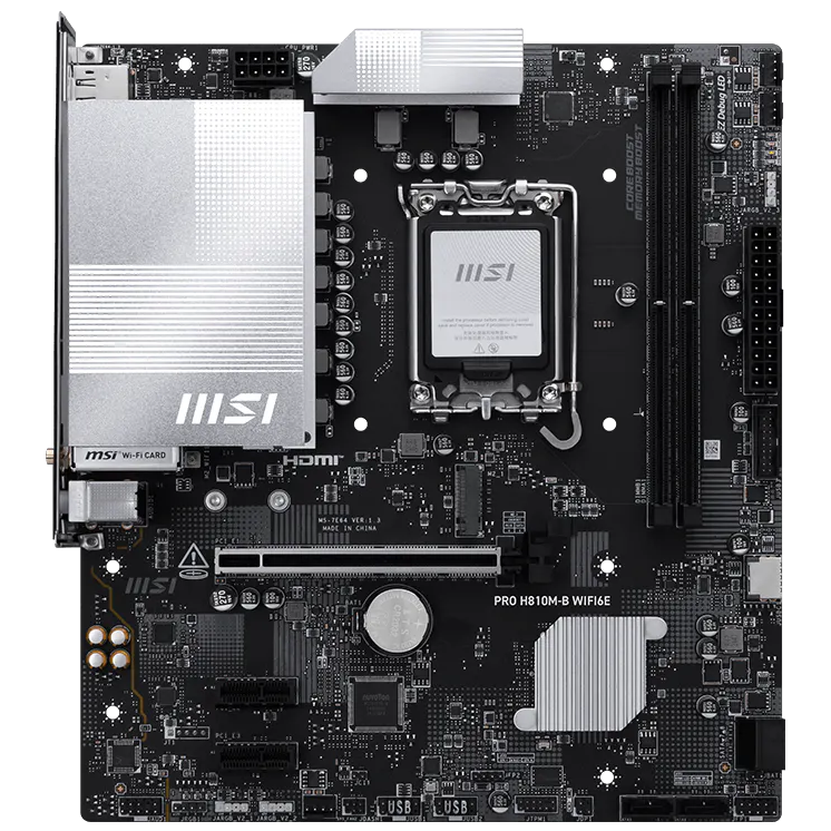 A large main feature product image of MSI PRO H810M‑B WiFi6E LGA1851 mATX Desktop Motherboard