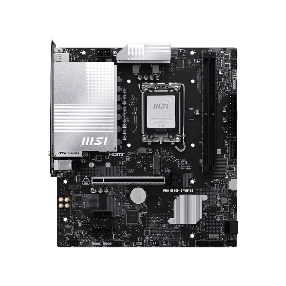 A large main feature product image of MSI PRO H810M‑B WiFi6E LGA1851 mATX Desktop Motherboard