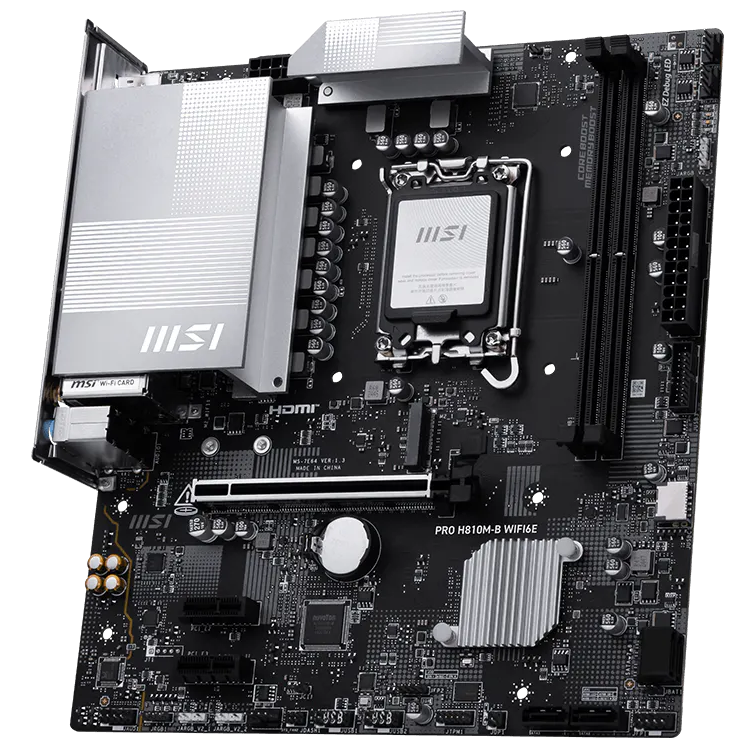 A large main feature product image of MSI PRO H810M‑B WiFi6E LGA1851 mATX Desktop Motherboard