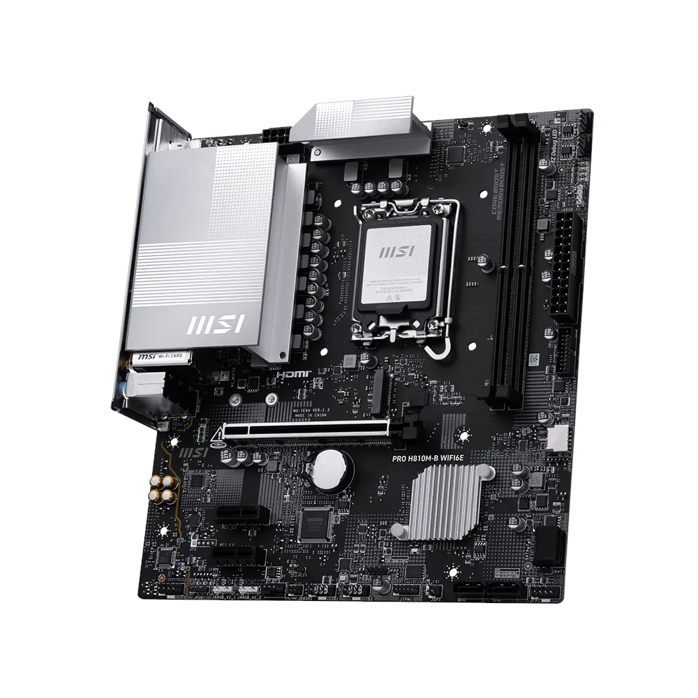 A large main feature product image of MSI PRO H810M‑B WiFi6E LGA1851 mATX Desktop Motherboard