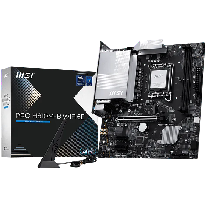 A large main feature product image of MSI PRO H810M‑B WiFi6E LGA1851 mATX Desktop Motherboard