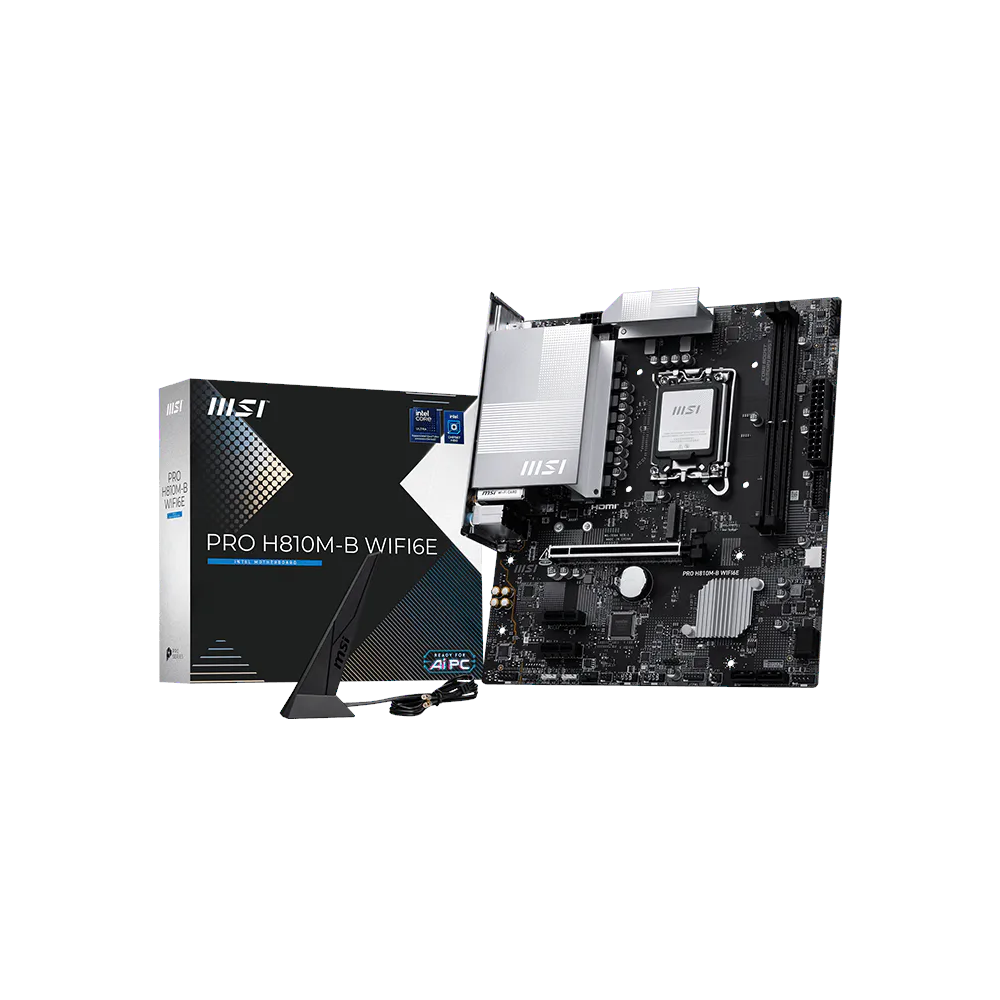 A large main feature product image of MSI PRO H810M‑B WiFi6E LGA1851 mATX Desktop Motherboard