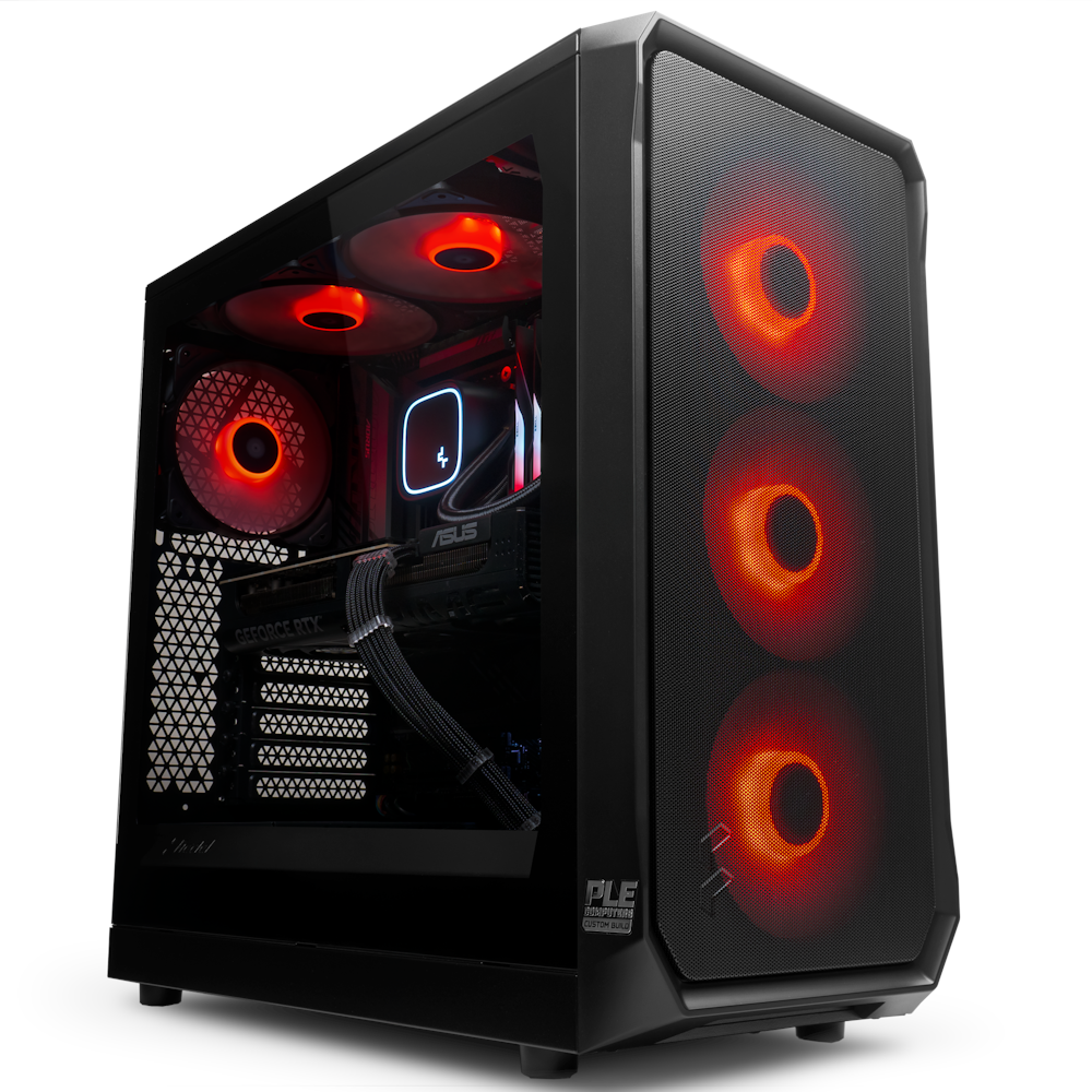 A large main feature product image of EX-DEMO PLE Flare RTX 5070 Ti Prebuilt Ready To Go Gaming PC