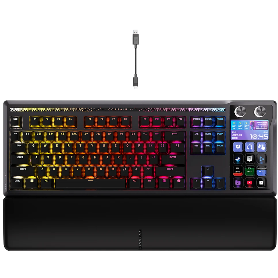 A large main feature product image of Corsair GALLEON 100 SD Stream Deck-Integrated Mechanical Keyboard