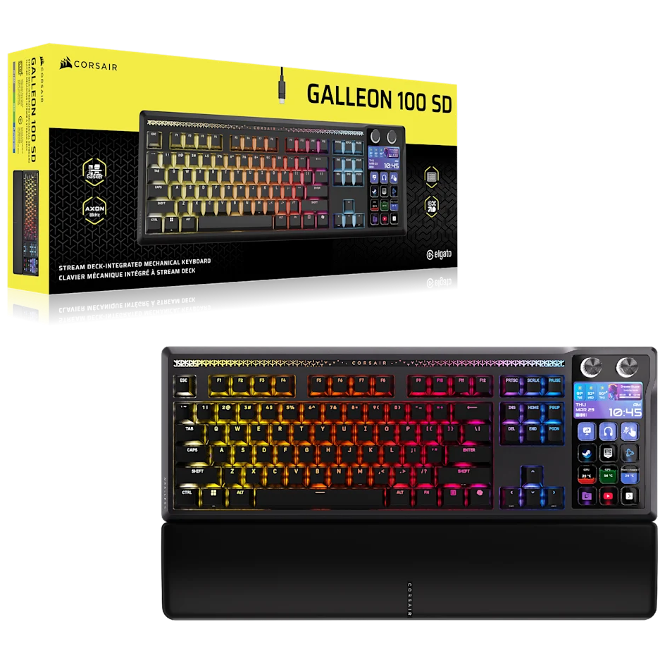 A large main feature product image of Corsair GALLEON 100 SD Stream Deck-Integrated Mechanical Keyboard