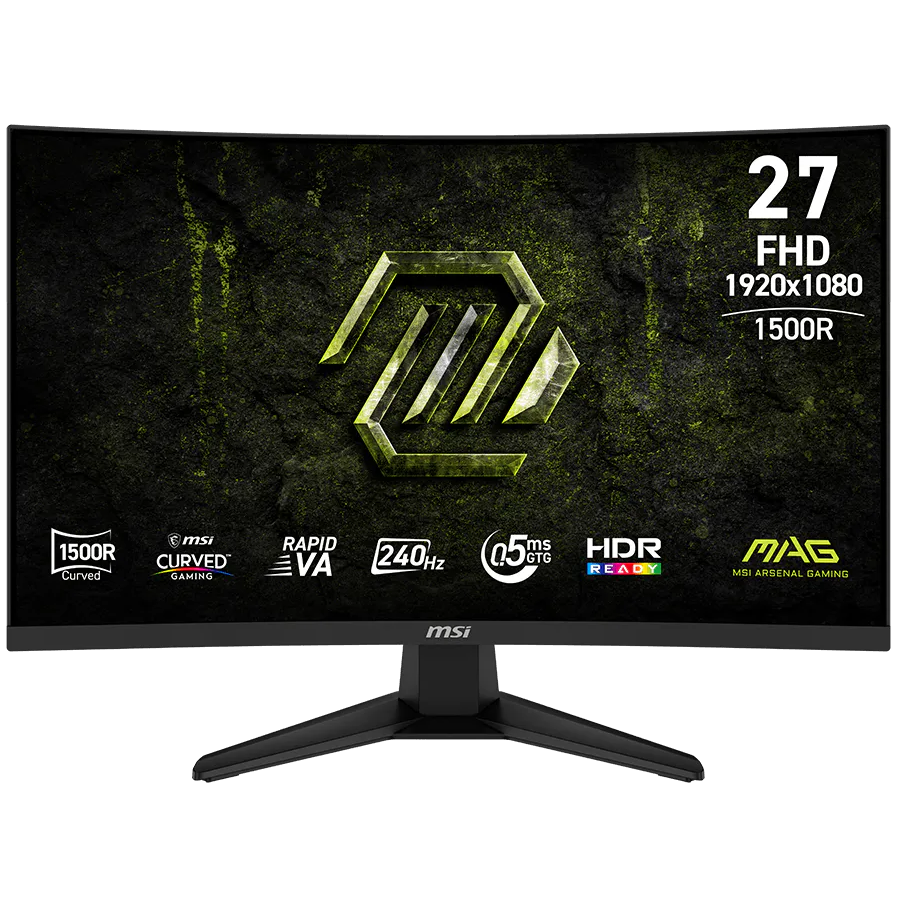 A large main feature product image of MSI MAG 275CF X24 -27" 1080p 240Hz 0.5ms Rapid VA Gaming Monitor