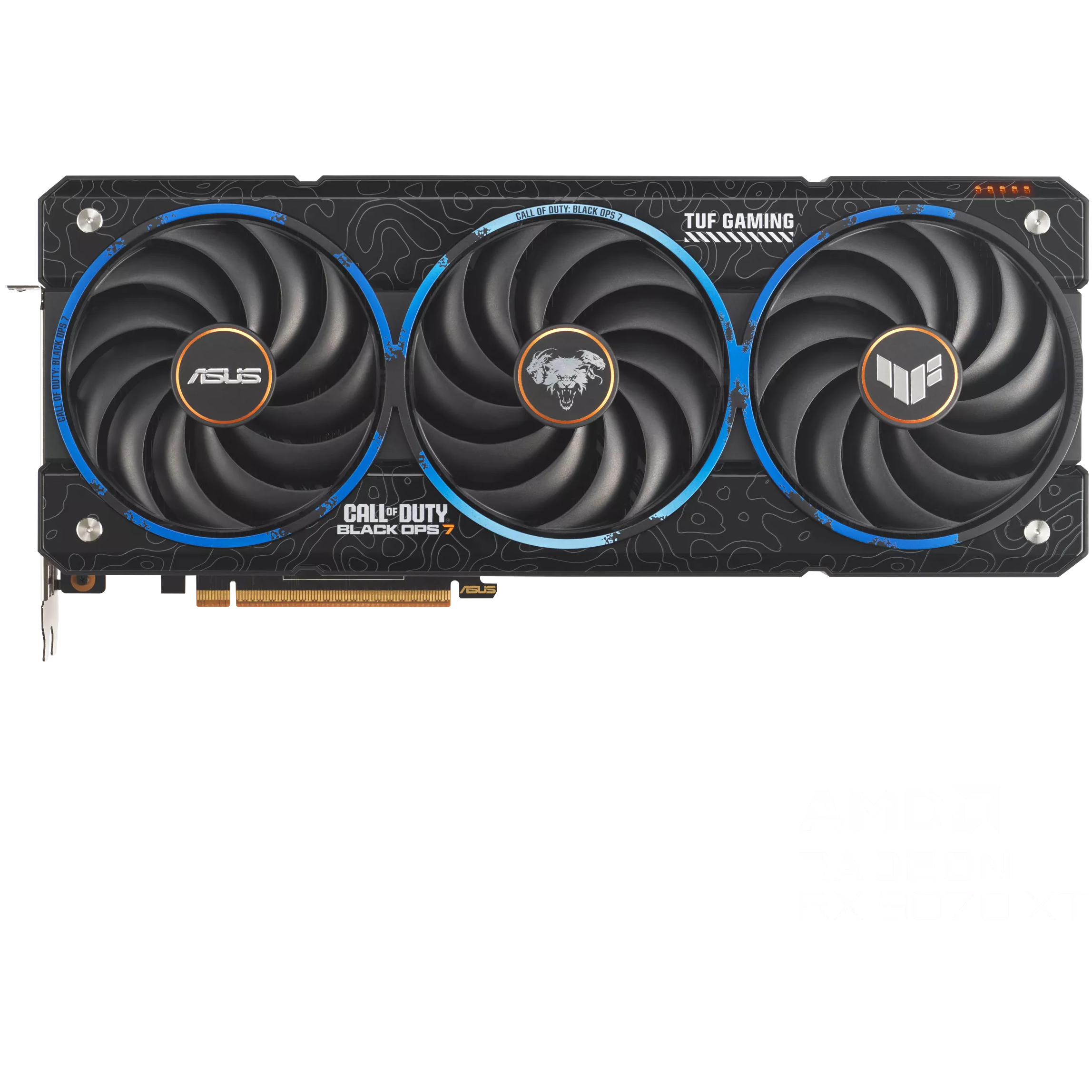 A large main feature product image of ASUS Radeon RX 9070 XT TUF 16GB GDDR6 - Black Ops 7 Edition