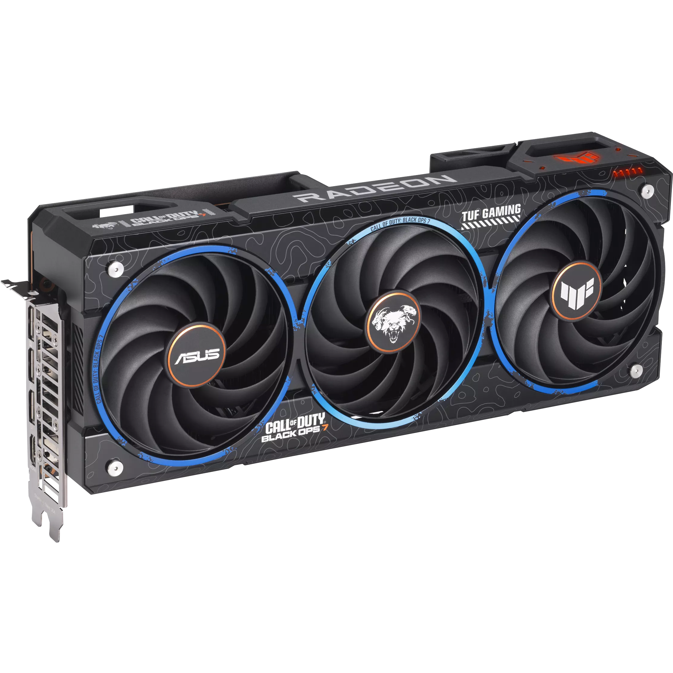 A large main feature product image of ASUS Radeon RX 9070 XT TUF 16GB GDDR6 - Black Ops 7 Edition