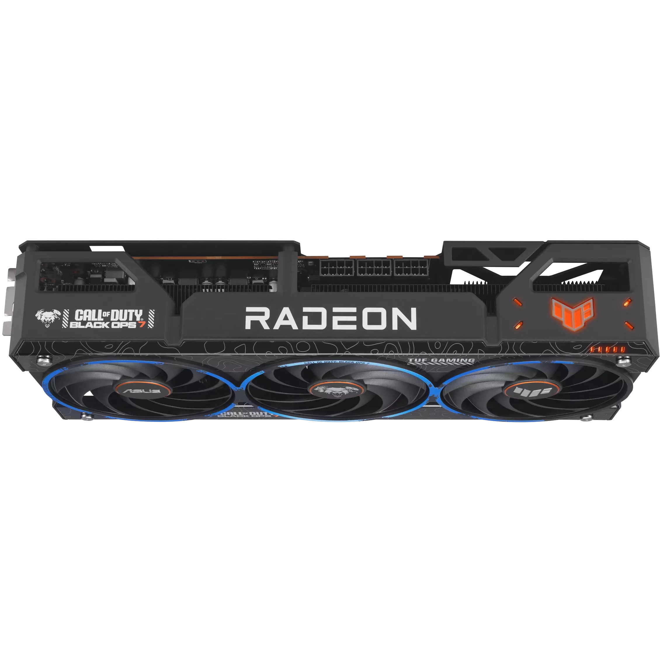 A large main feature product image of ASUS Radeon RX 9070 XT TUF 16GB GDDR6 - Black Ops 7 Edition