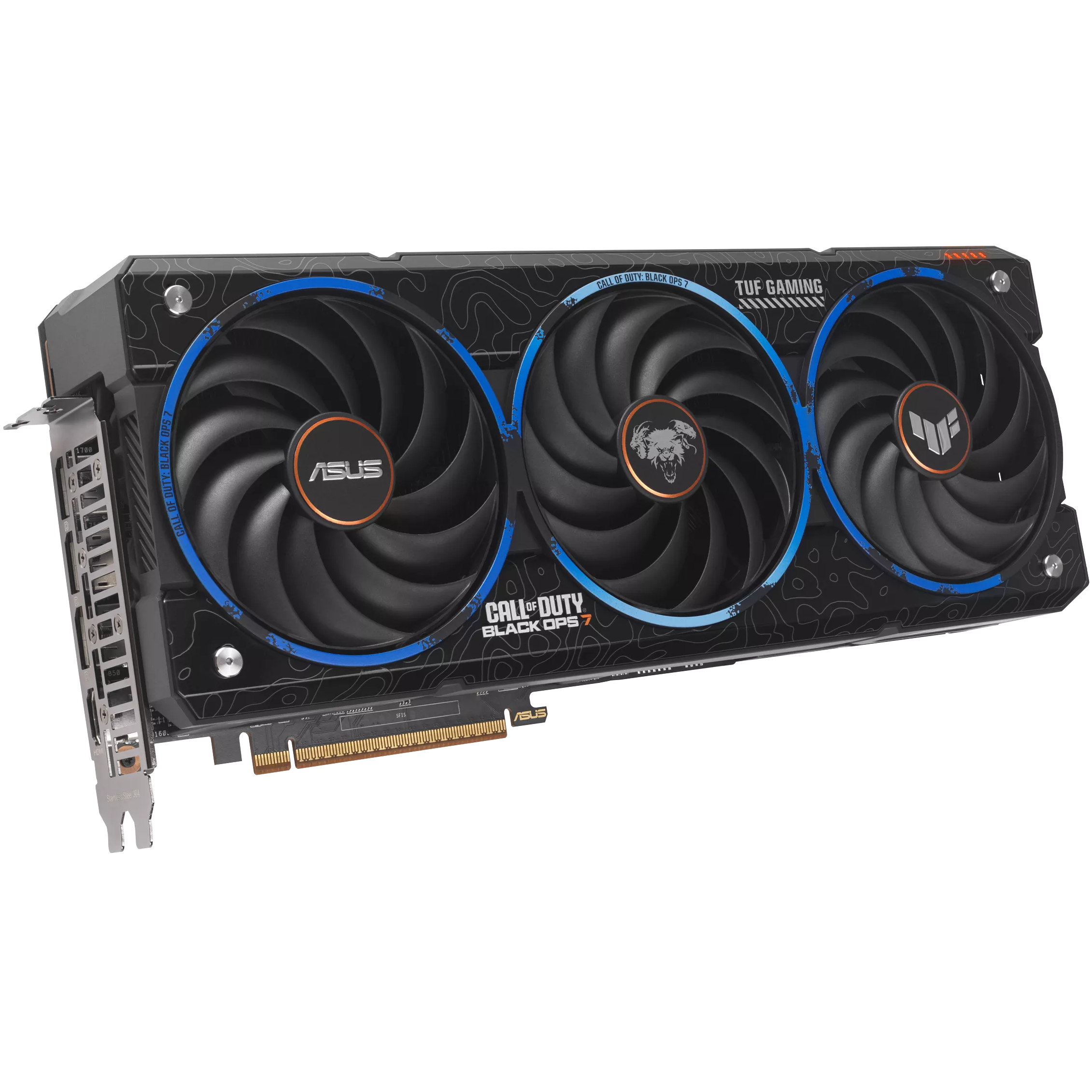 A large main feature product image of ASUS Radeon RX 9070 XT TUF 16GB GDDR6 - Black Ops 7 Edition